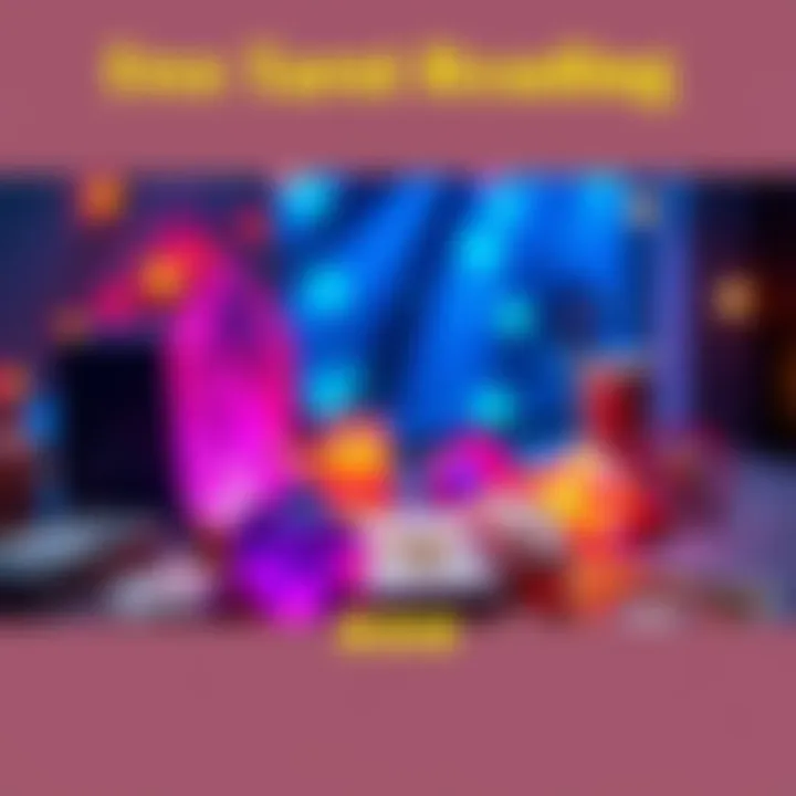 A colorful graphic inviting people to join free tarot readings, featuring crystals, tarot cards, and a cheerful atmosphere.