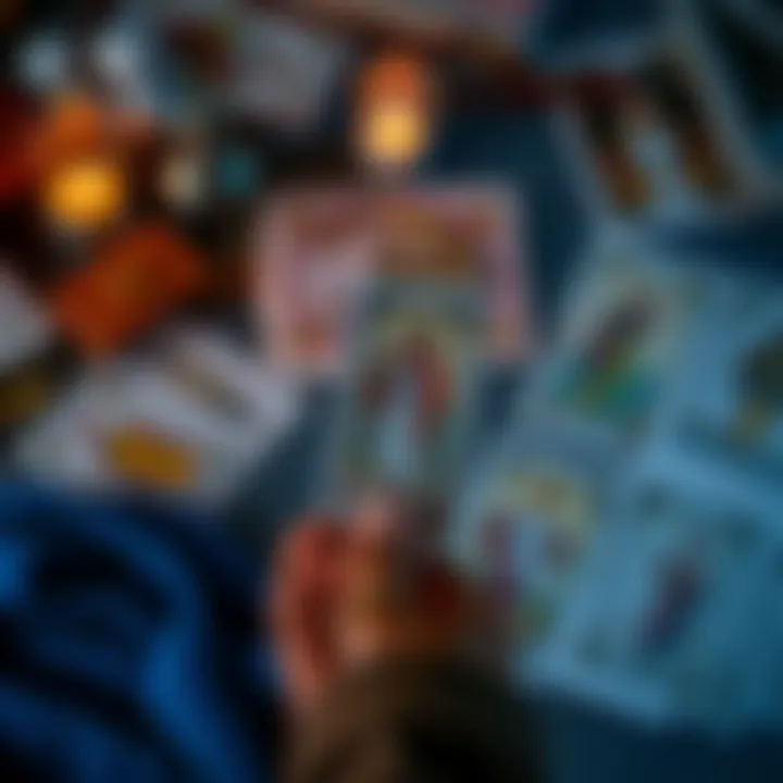 A colorful tarot deck spread out with a person holding a card, inviting others to a free reading.
