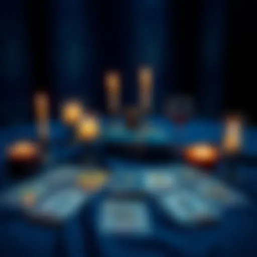 A table with tarot cards spread out, lit candles, and a dark blue cloth, symbolizing a New Moon event