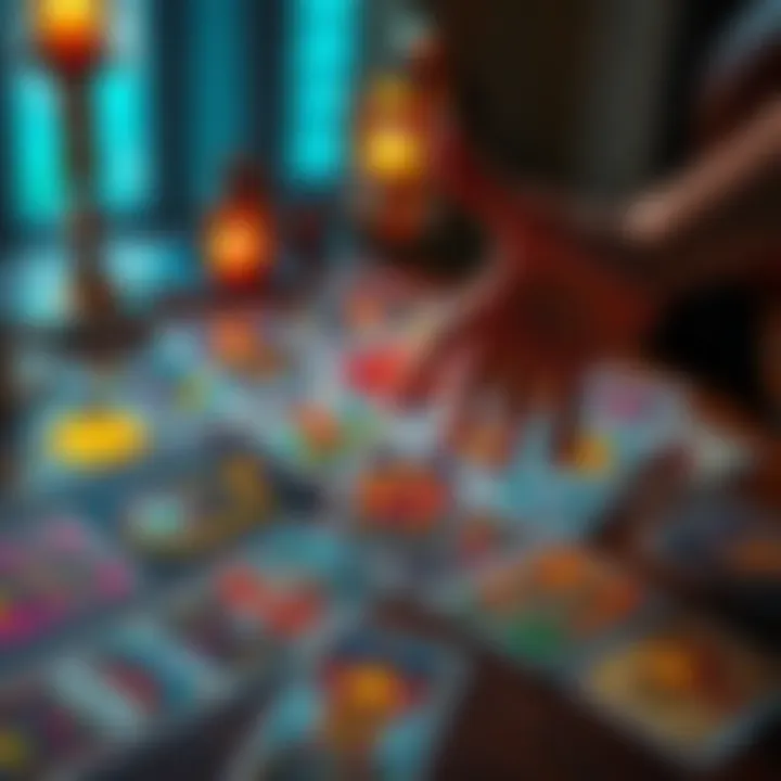 Free Tarot Reading Offer A colorful tarot card spread on a table with a person reaching out to ask a question in the comments.