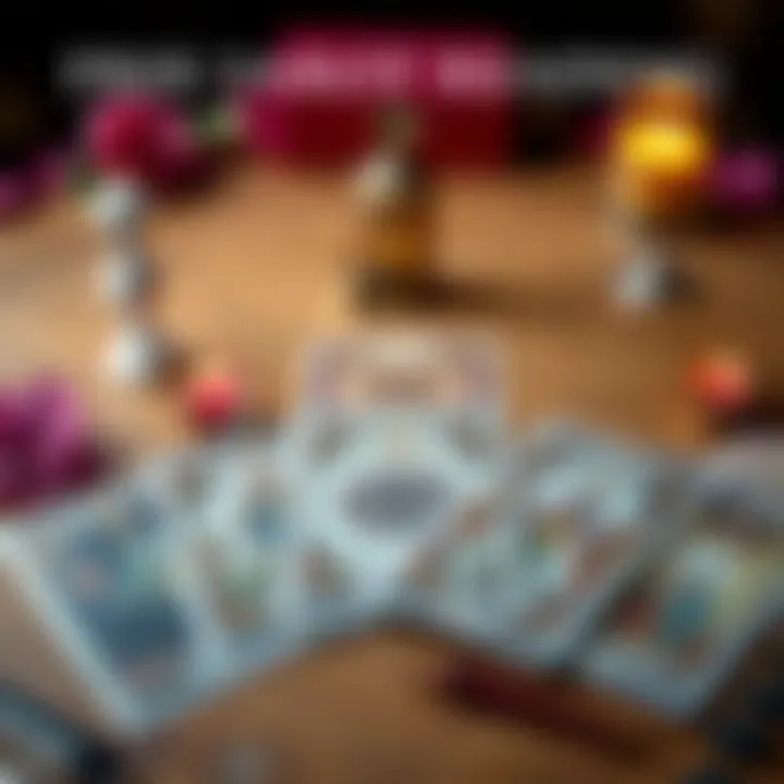 A tarot card spread with three cards laid out on a table, inviting people to send their names and questions for a free reading.