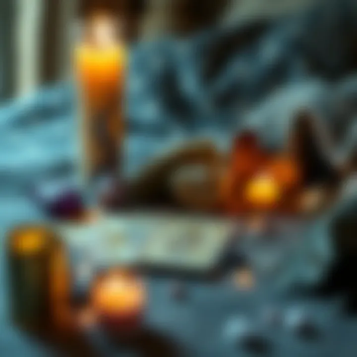 A tarot card spread with two cards visible, surrounded by crystals and candles, inviting people to participate in free tarot readings.