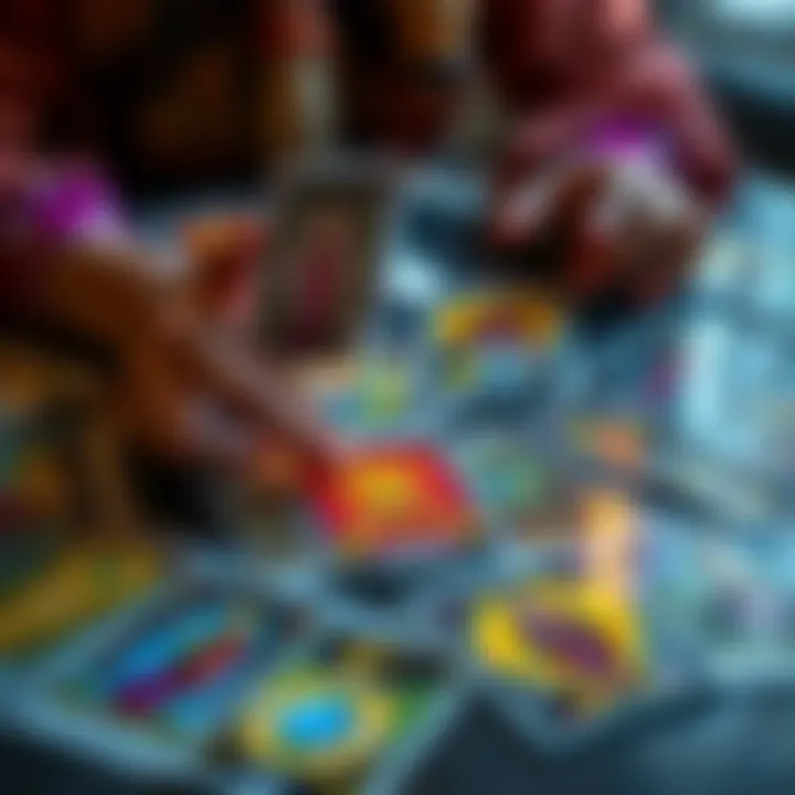 A colorful tarot card spread on a table with a person holding a card, inviting questions for free readings in the comments.