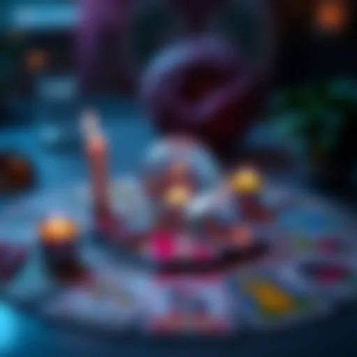 A colorful tarot card spread with a crystal ball and candles, symbolizing tarot reading