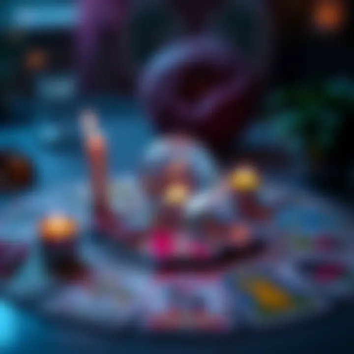 A colorful tarot card spread with a crystal ball and candles, symbolizing tarot reading