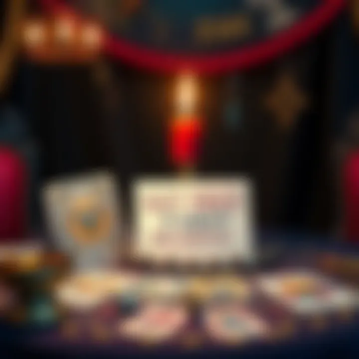 A tarot reader's table with cards and a sign offering free readings for reviews