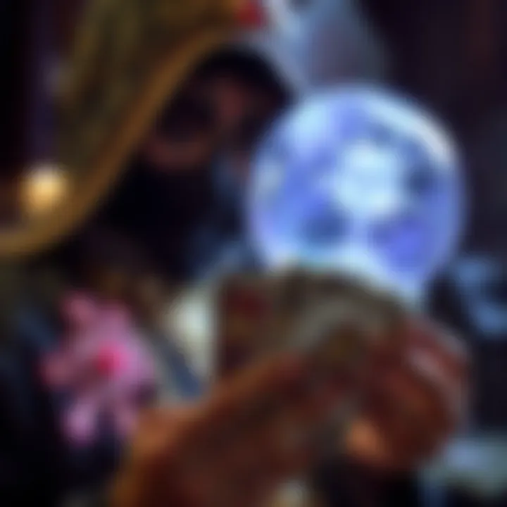 A tarot reader holds a deck of tarot cards with a crystal ball in the background.