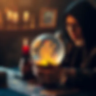A tarot reader with a deck of tarot cards and a crystal ball, inviting people for free readings