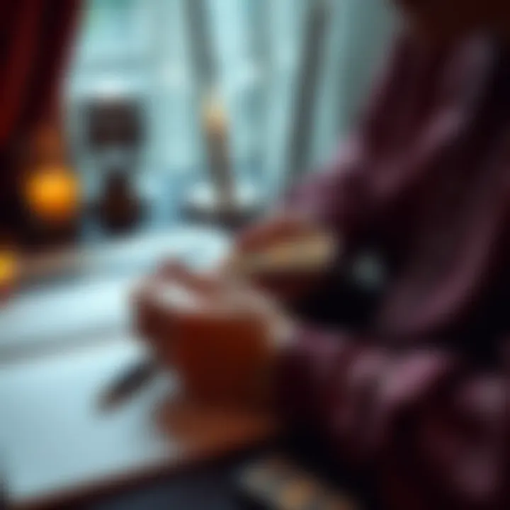 A person giving a tarot card reading with a notebook for feedback nearby.