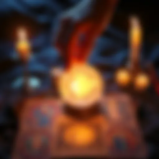 A tarot card spread with a glowing crystal ball and candles. Shows a hand reaching for a card. Perfect for a free tarot reading promotion.