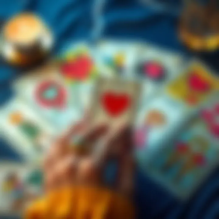 A tarot card spread with love-themed cards and a person holding one card, symbolizing past relationships