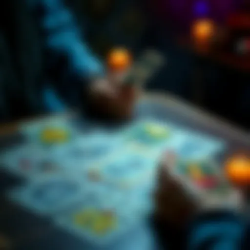 A tarot card spread on a table with a hand holding a card, inviting people for free readings.