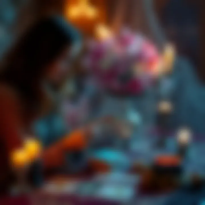 A tarot reader shuffling cards with a decorative table and candles in the background.