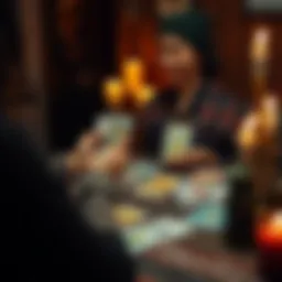 A person shuffles tarot cards while sitting at a table, ready to give readings to community members. The cards are colorful and depict various symbols and imagery. There is a cozy atmosphere with candles and soft lighting.