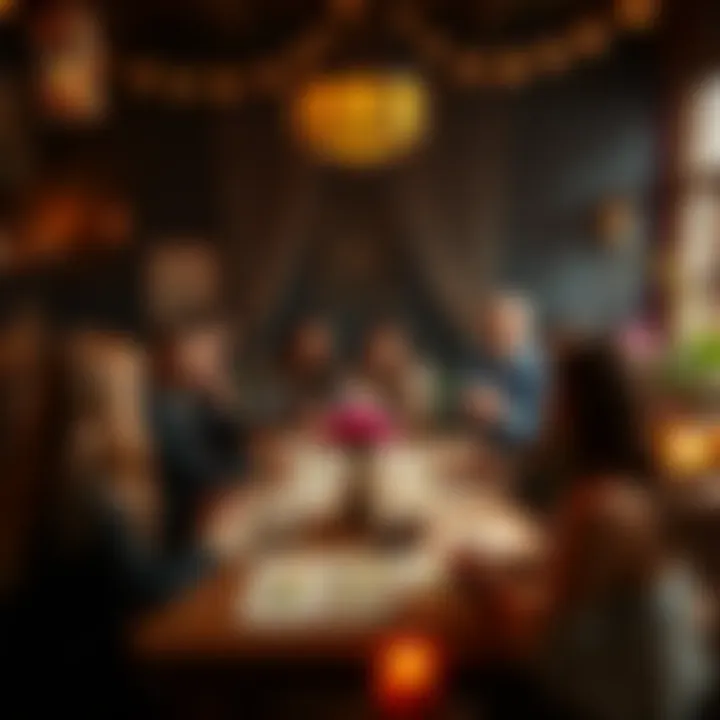 A group of people gathered around a table with tarot cards, engaging in a tarot reading session, surrounded by a warm and inviting atmosphere.