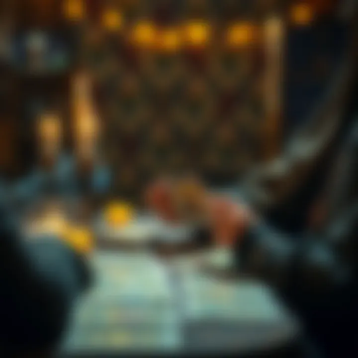 A tarot reader shuffles cards at a table with candles and crystals, inviting people for free readings.