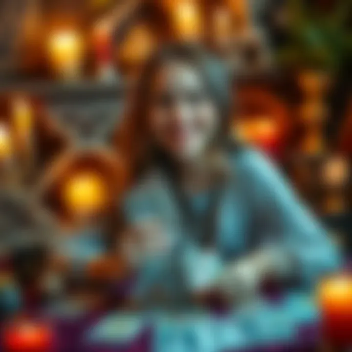 A young woman with tarot cards spread out, smiling and inviting people for free readings, surrounded by candles and mystical decor.