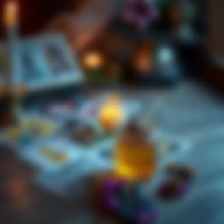 A tarot card spread with an inviting atmosphere, alongside a Honey Sweetening Jar filled with honey and herbs to promote love and warmth.