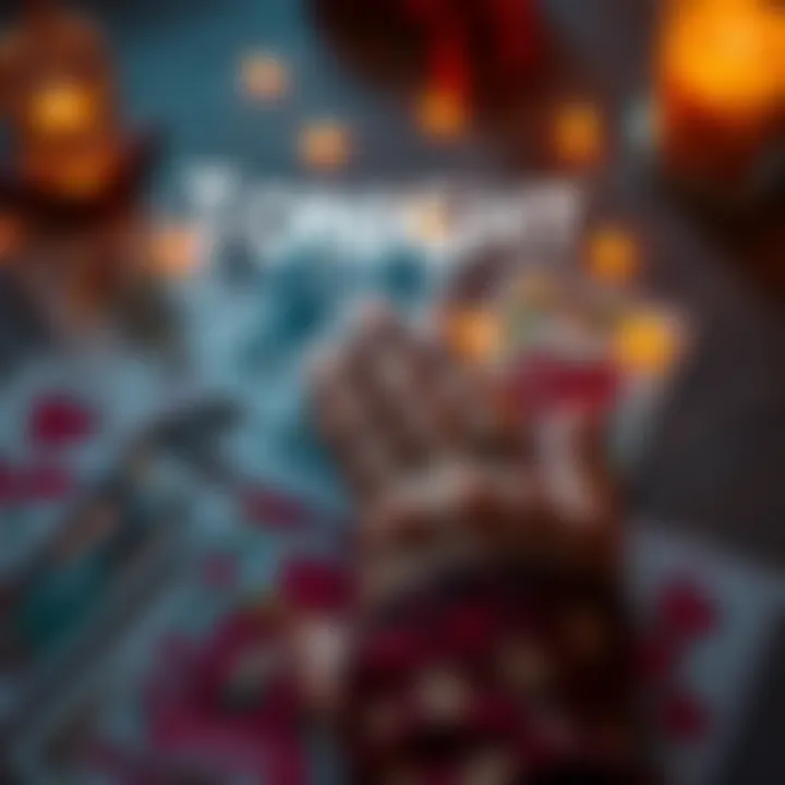 A tarot card spread featuring love-themed cards, with a hand reaching out to touch them, symbolizing connection and insights into love.