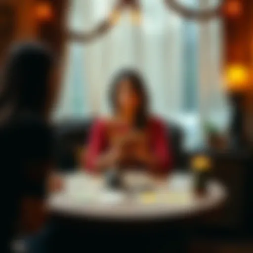 A millennial tarot reader, Arya, sitting at a table with tarot cards, inviting people to ask questions about love and career, in a cozy setting