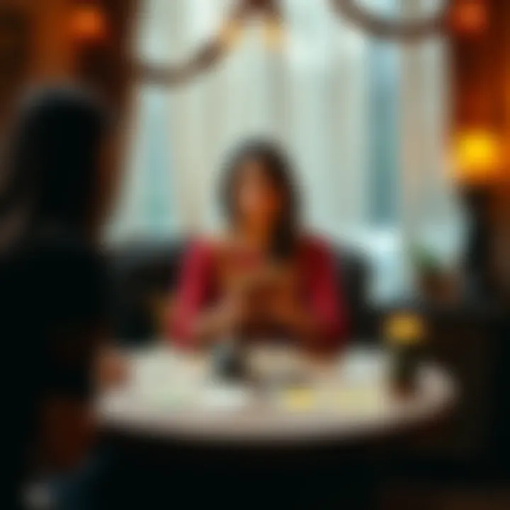 Free Tarot Reading with Arya A millennial tarot reader, Arya, sitting at a table with tarot cards, inviting people to ask questions about love and career, in a cozy setting