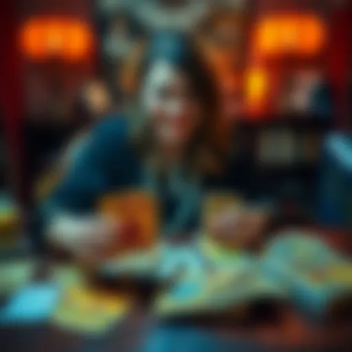 A tarot reader holding cards with a welcoming smile, inviting people for free readings. A colorful tarot deck is spread out on a table.