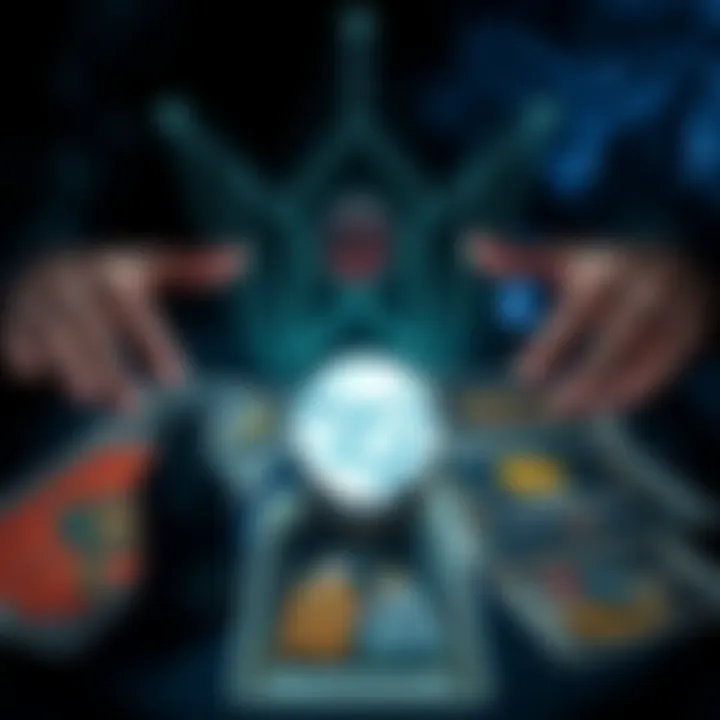 A tarot card spread from the Wicked Moon Tarot deck with a person reaching out to a crystal ball for guidance.