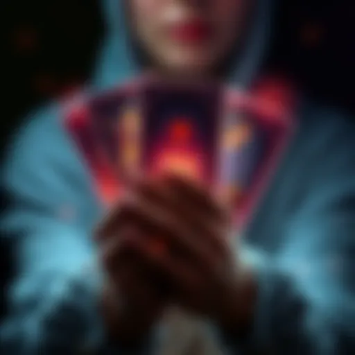 A person holding tarot cards with a glowing light, symbolizing love and connection, inviting participation for free readings.