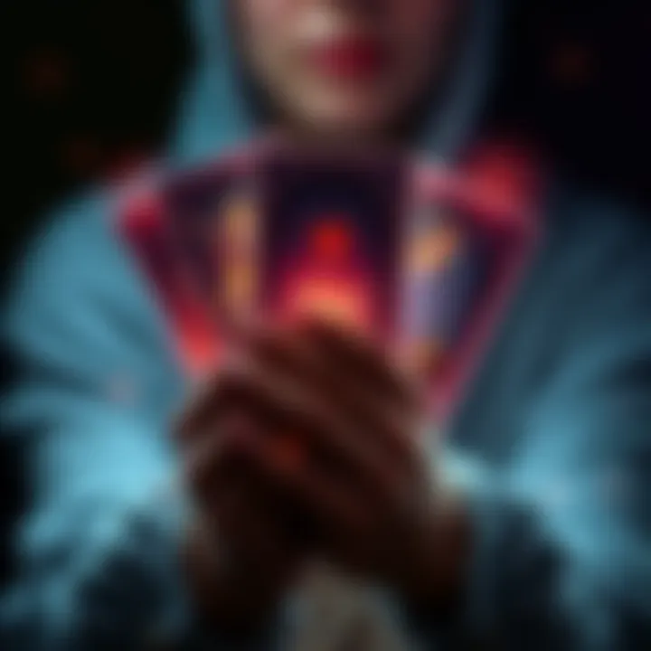 A person holding tarot cards with a glowing light, symbolizing love and connection, inviting participation for free readings.