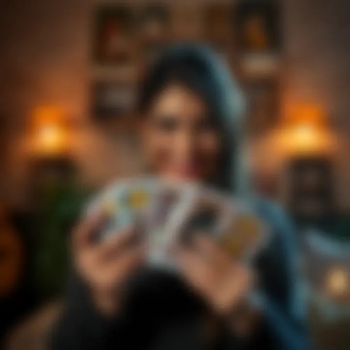 A person holding tarot cards with a welcoming smile, inviting others to ask questions for free readings.