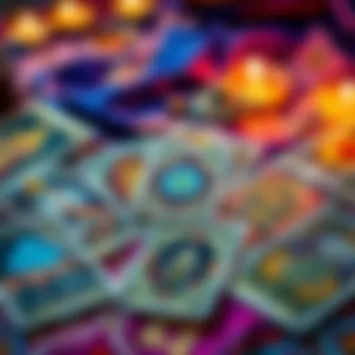 A tarot card spread displayed with cards face up on a colorful cloth, inviting questions for free readings.