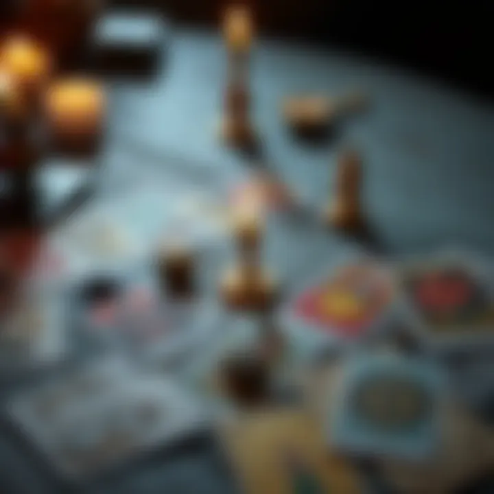 A tarot card spread with various cards laid out on a table, inviting people to get insights on love and career.