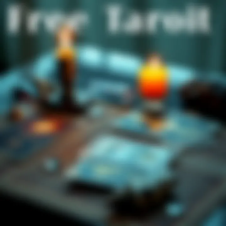 Free Tarot Reading A tarot card spread with cards representing love, career, health, and finances, set on a table with a lit candle and crystals