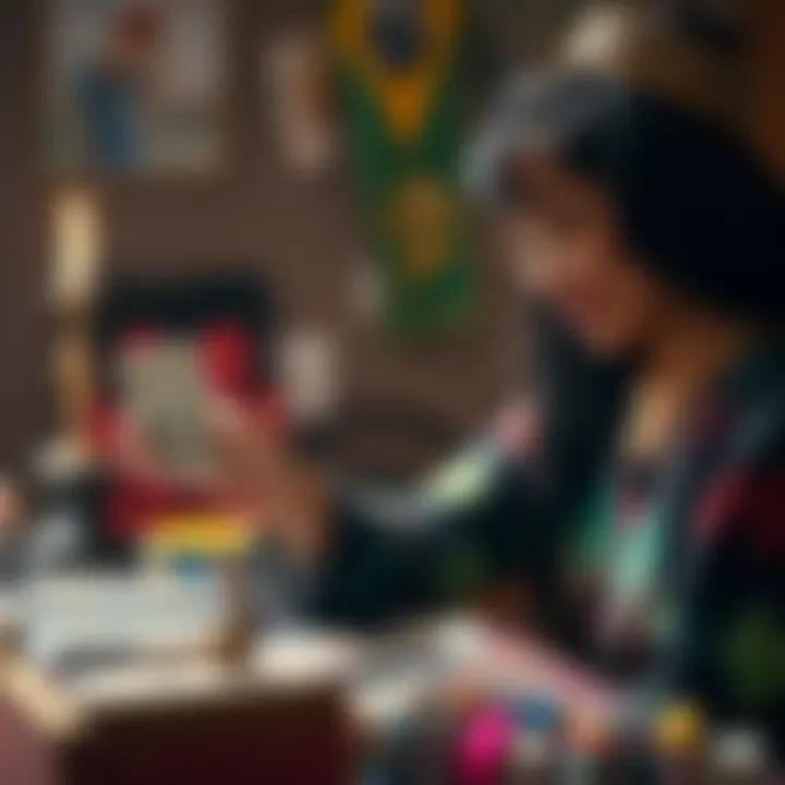 A Brazilian tarot reader shuffles cards while inviting participants to ask questions about love, career, and spirituality.