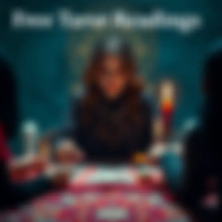 A tarot reader conducting free readings, surrounded by tarot cards and candles, inviting people for self-love and growth insights.