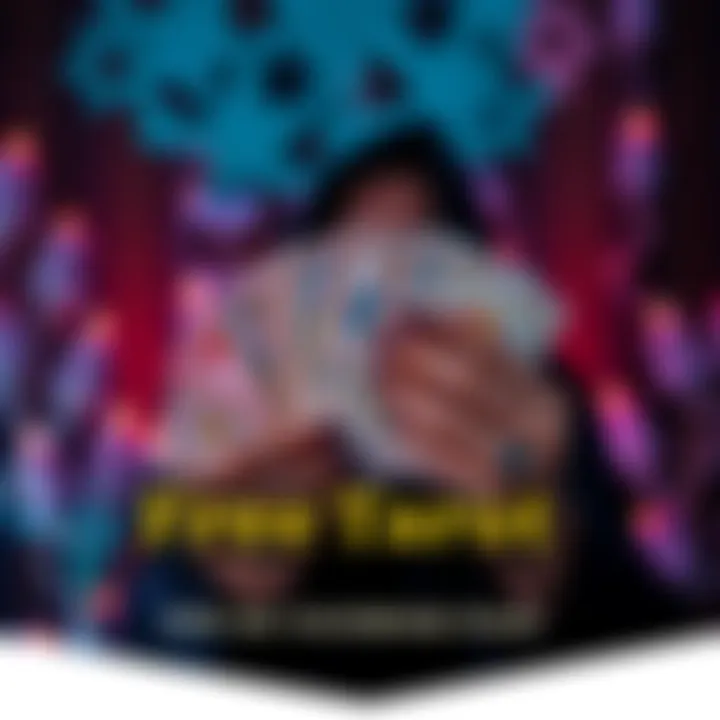 A person holding tarot cards with a mystical background, promoting free tarot readings for feedback on social media.