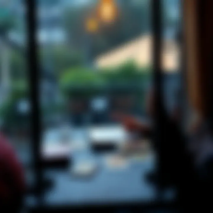 A tarot card reader sits at a table with tarot cards spread out, rain visible outside the window, inviting participants for free readings.