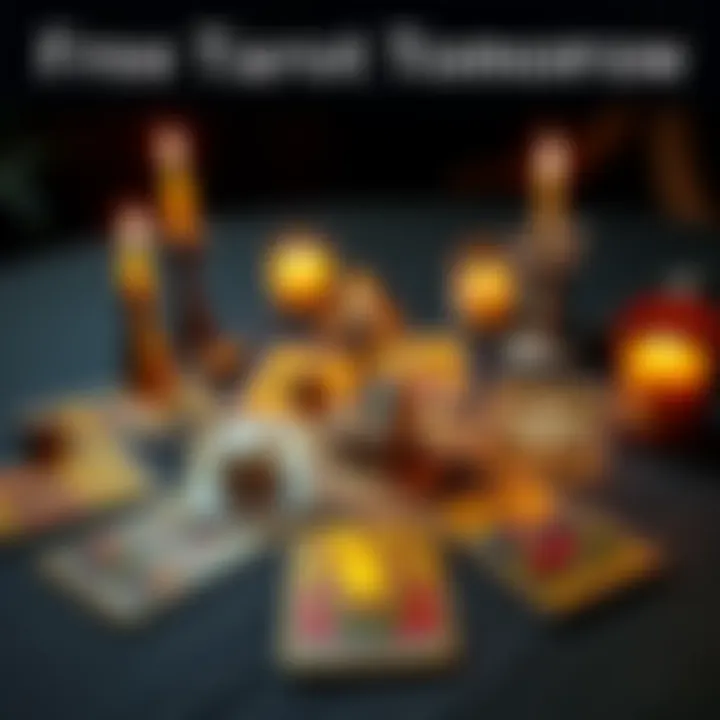 A colorful tarot card spread on a table with a crystal and candles, inviting questions for free readings tomorrow.