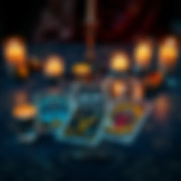 A tarot card spread showing three cards laid out on a table with candles and crystals around them, symbolizing fortune telling.