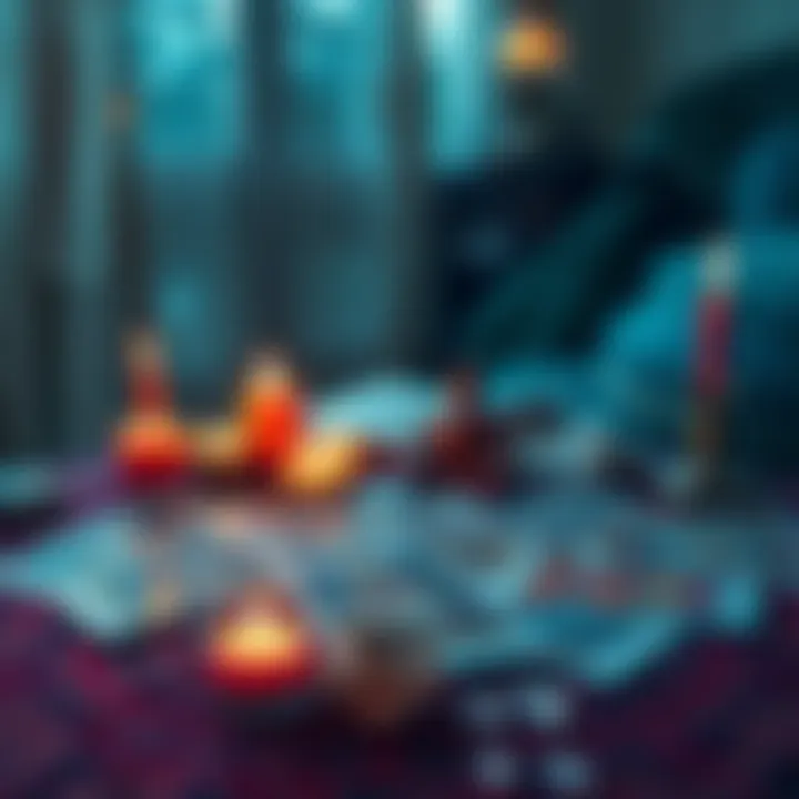 A table with tarot cards spread out, with candles and crystals around, inviting people for free tarot readings on love and career guidance.