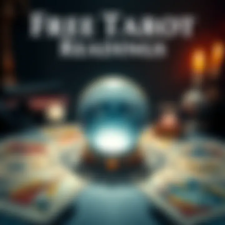 A tarot card spread with a crystal ball, inviting questions from participants for free readings.