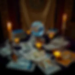 A table with tarot cards spread out, inviting people to ask questions. Includes candles and a crystal ball.