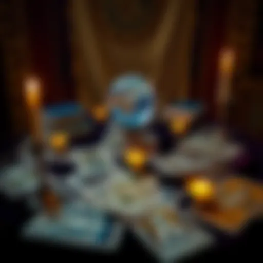 A table with tarot cards spread out, inviting people to ask questions. Includes candles and a crystal ball.