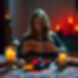 A person offering tarot cards for free readings, with a focus on love questions, surrounded by candles and crystals.