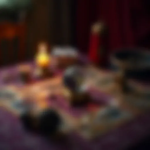 A tarot card spread on a table with a crystal ball and a candle, inviting people to ask questions