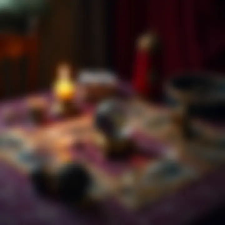 A tarot card spread on a table with a crystal ball and a candle, inviting people to ask questions