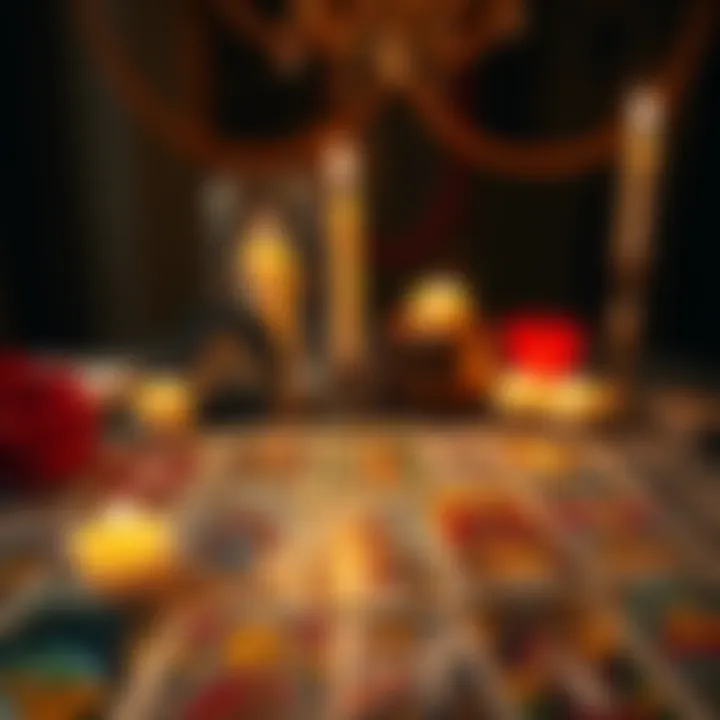 A colorful tarot card spread on a table with candles, inviting people for free readings.