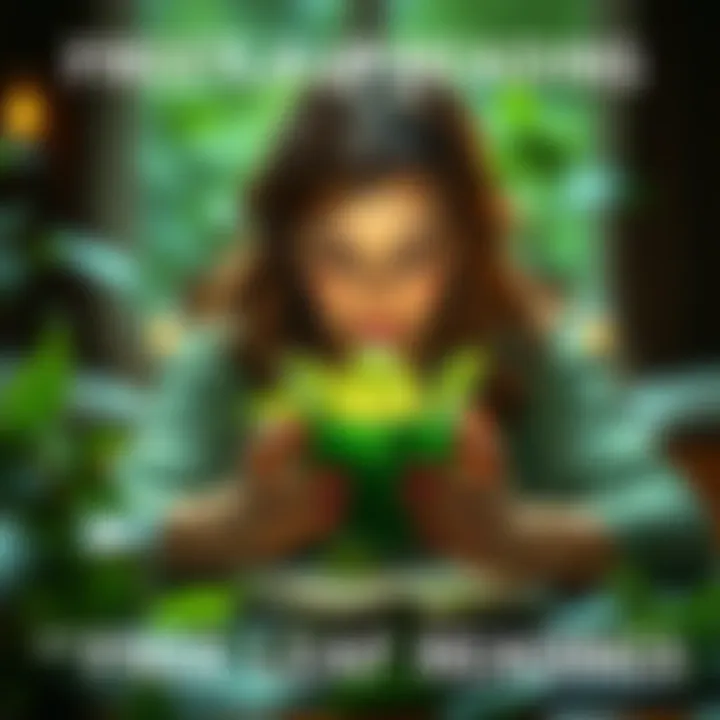 A person reading tea leaves in a cup, surrounded by a calm setting with a green tea theme, inviting others to join the reading session.