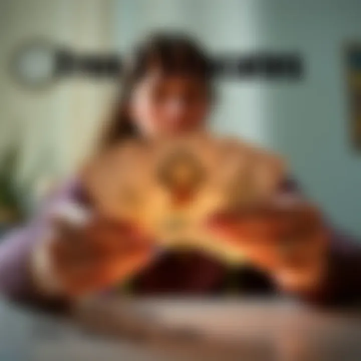 A person holding three tarot cards in front of them, with a calming background and soft lighting, inviting others to join for free readings