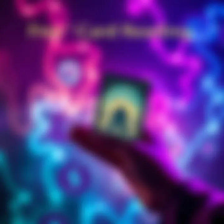 A person holding a tarot card with a mystical background during a free reading session